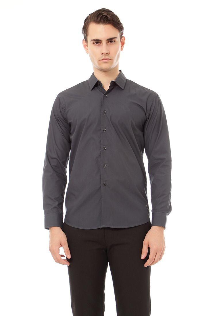 Odza Clasic Kemeja Polos Lengan Panjang Slim Fit Abu Tua Modern
