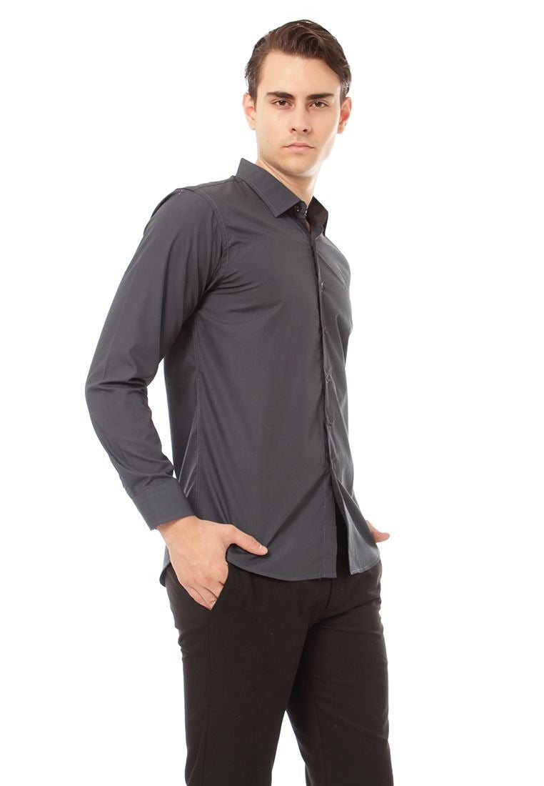 Odza Clasic Kemeja Polos Lengan Panjang Slim Fit Abu Tua Modern