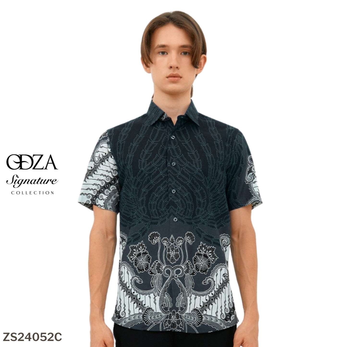 Odza Kemeja Hem Batik Pria Slim Fit Modern Lengan Pendek Pradana Abu Tua