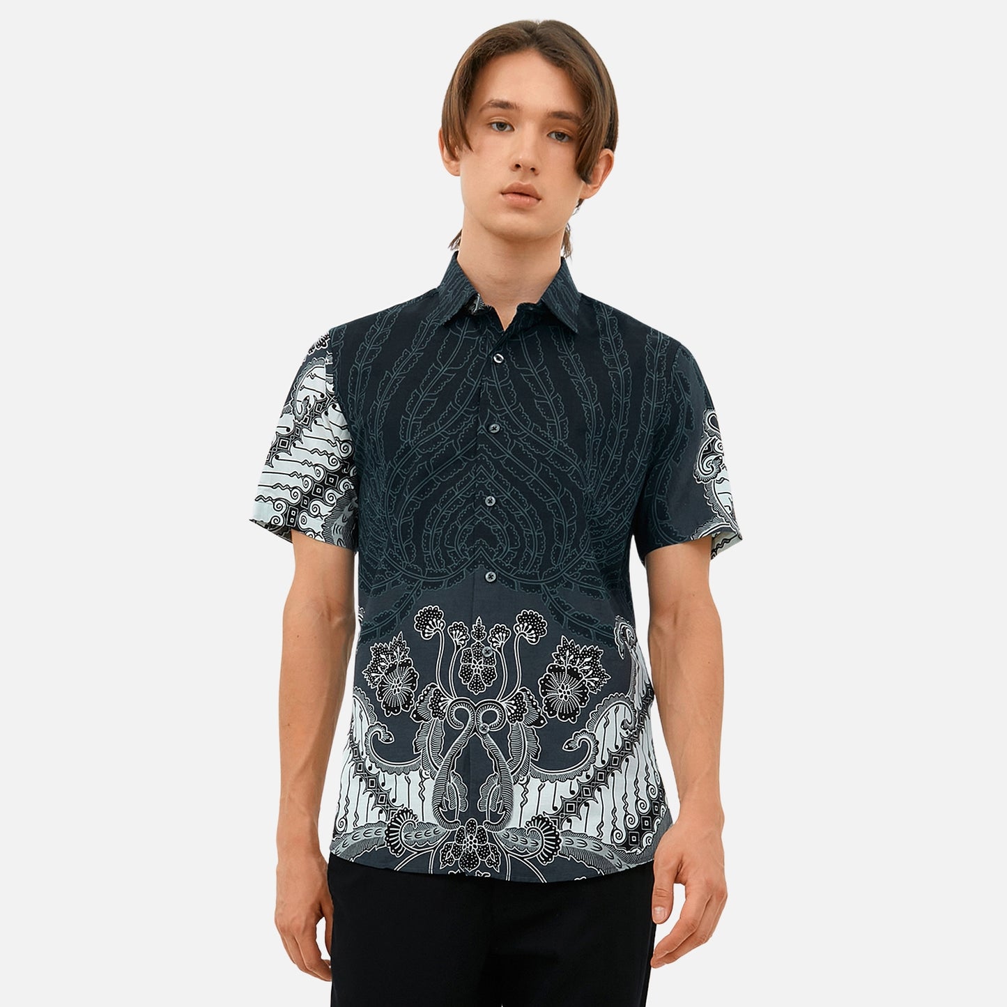 Odza Kemeja Hem Batik Pria Slim Fit Modern Lengan Pendek Pradana Abu Tua