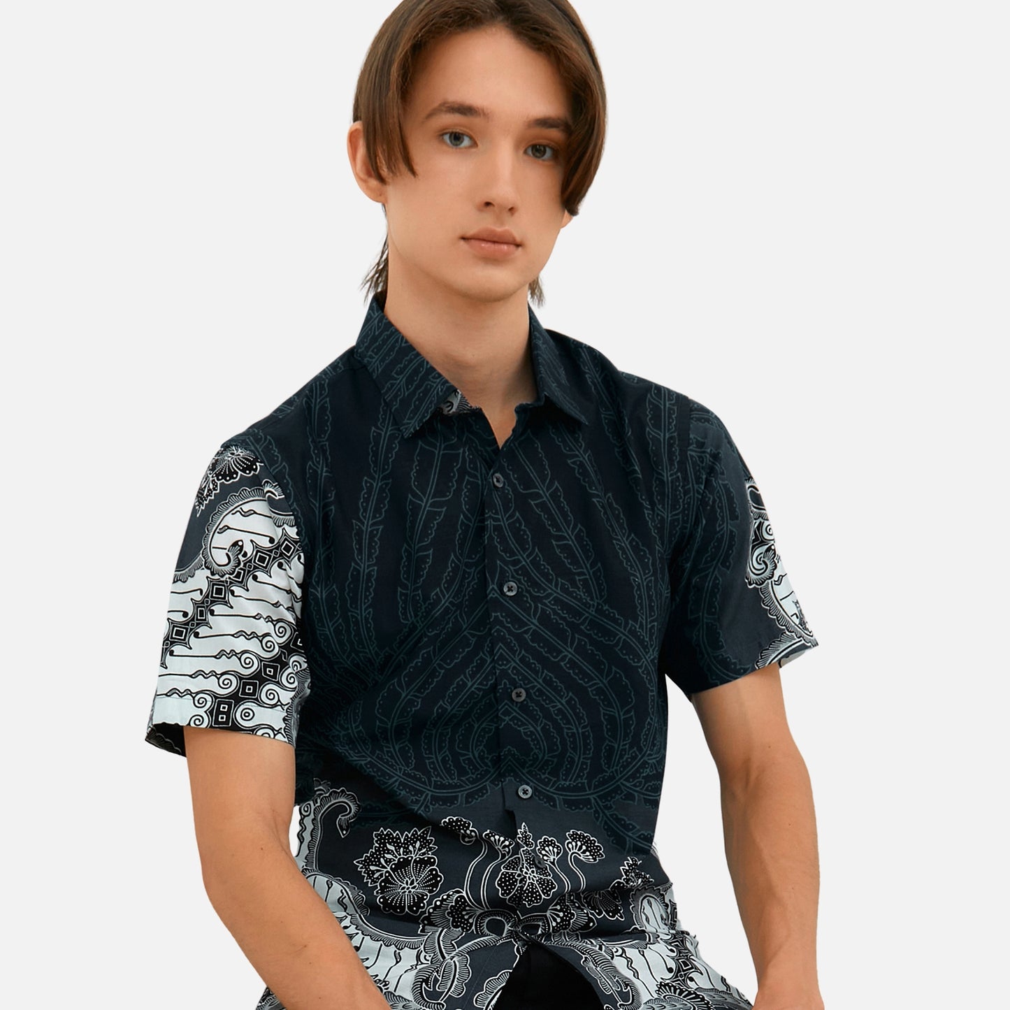 Odza Kemeja Hem Batik Pria Slim Fit Modern Lengan Pendek Pradana Abu Tua