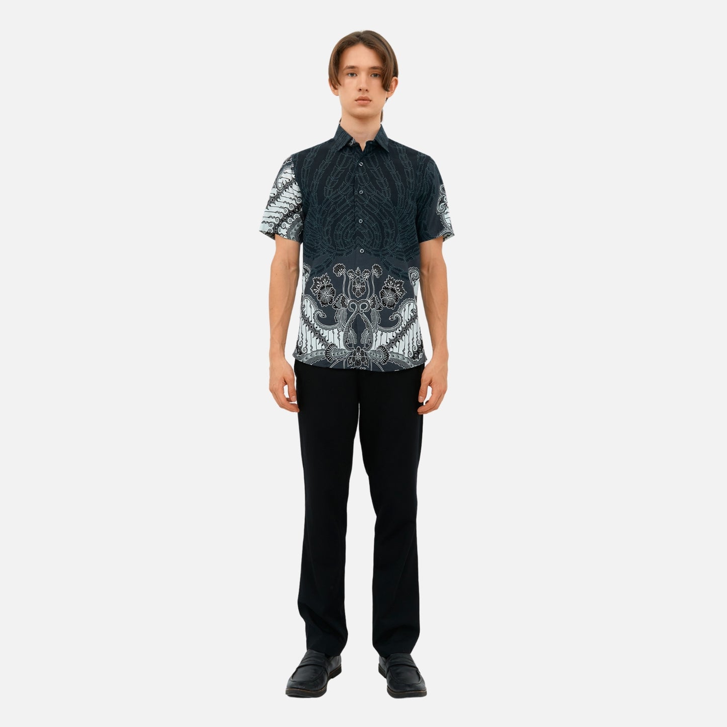 Odza Kemeja Hem Batik Pria Slim Fit Modern Lengan Pendek Pradana Abu Tua