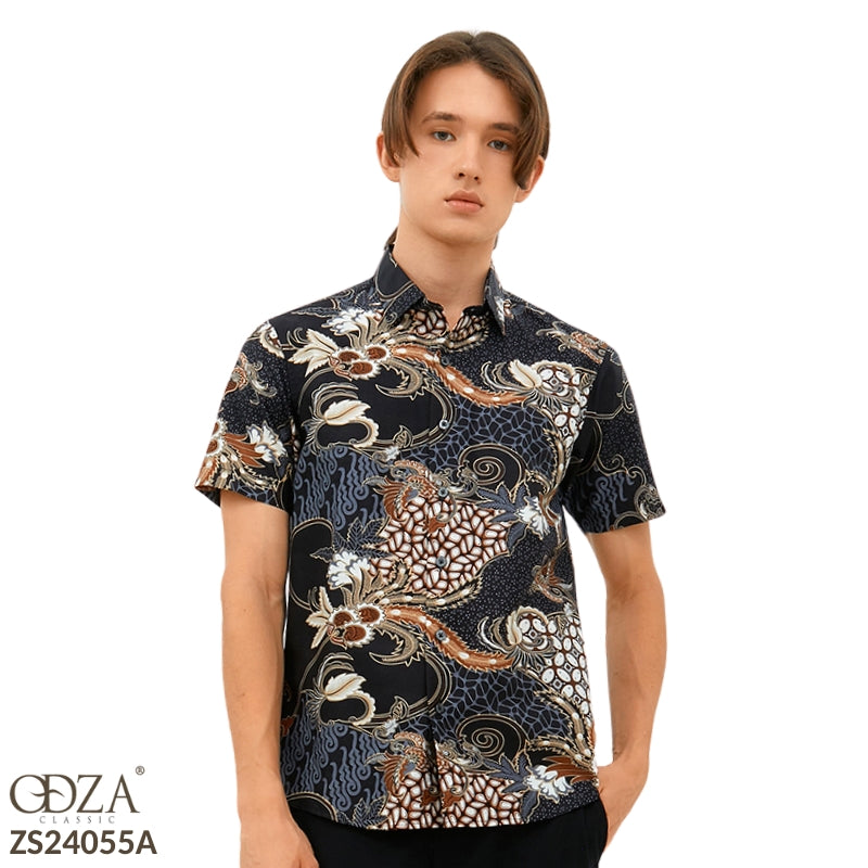 Odza Baju Atasan Hem Batik Lengan Pendek Slim Fit Ashanka Coklat