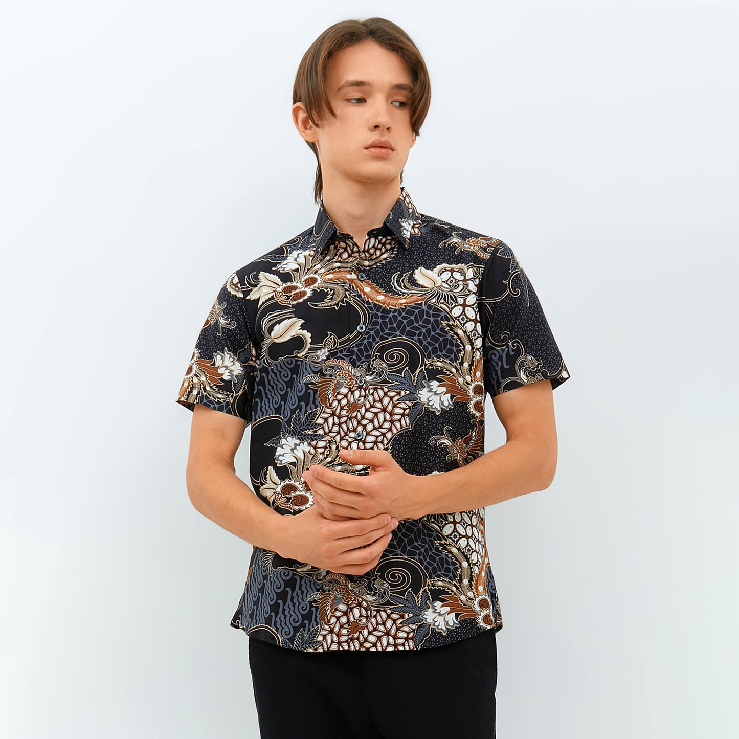 Odza Baju Atasan Hem Batik Lengan Pendek Slim Fit Ashanka Coklat