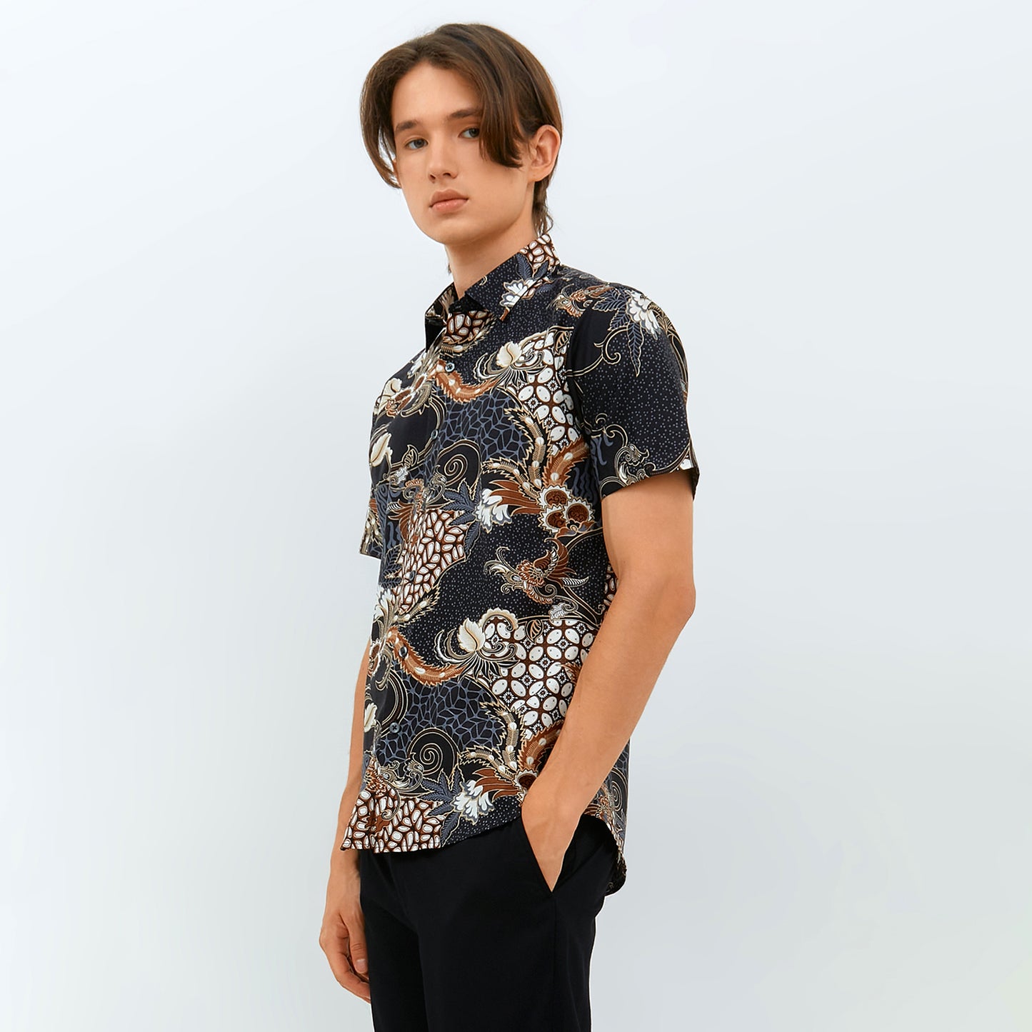 Odza Baju Atasan Hem Batik Lengan Pendek Slim Fit Ashanka Coklat