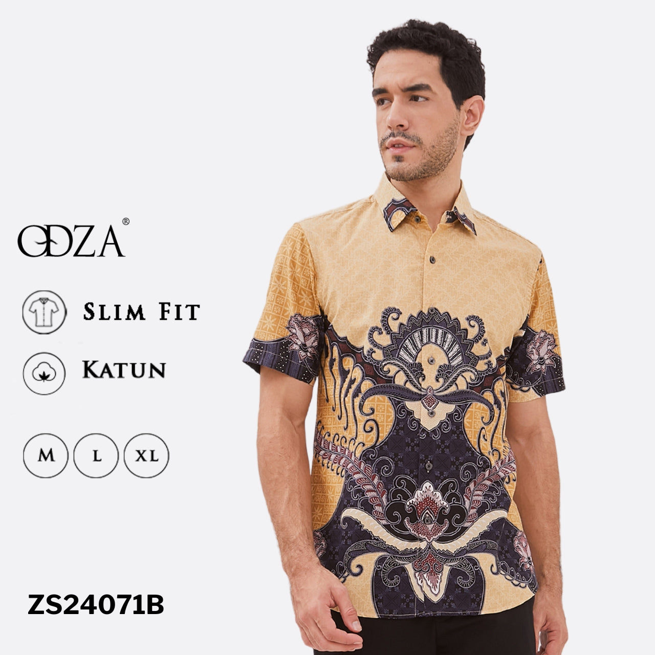 Odza Baju Batik Lengan Pendek Pria Pola Kemeja Slim Fit Cream Radheva