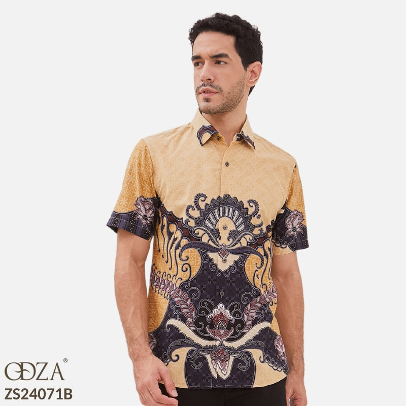 Odza Baju Batik Lengan Pendek Pria Pola Kemeja Slim Fit Cream Radheva