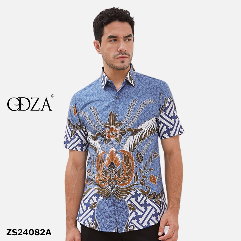 Odza Kemeja Batik Pria Lengan Pendek Slim Fit Slim Fit Modern Adiraga Biru