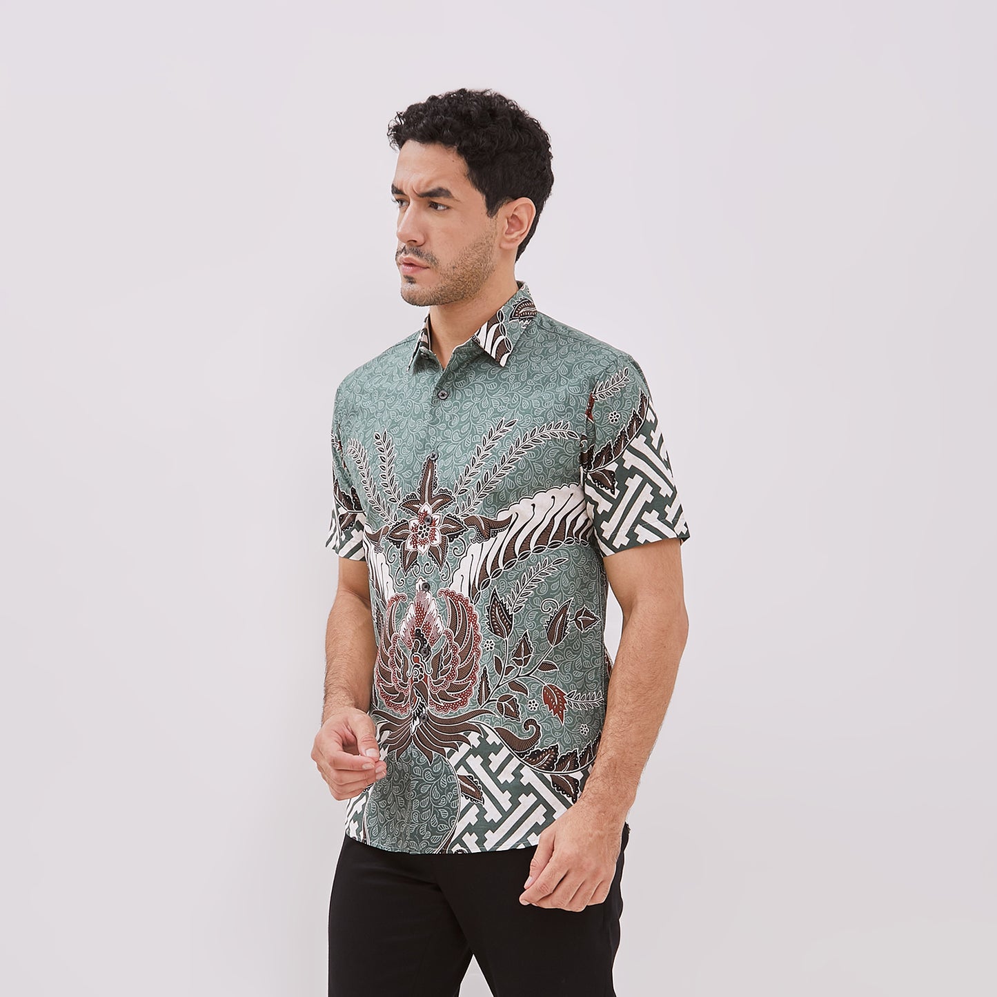 Odza Kemeja Batik Pria Lengan Pendek Slim Fit Modern Adiraga Hijau