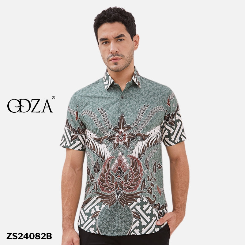 Odza Kemeja Batik Pria Lengan Pendek Slim Fit Modern Adiraga Hijau
