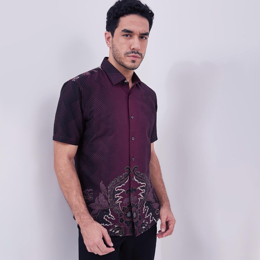 Odza Couple Set Kemeja Batik Lengan Pendek Pria Rompi Wanita Outer Vest Luaran Allsize Merah Maroon