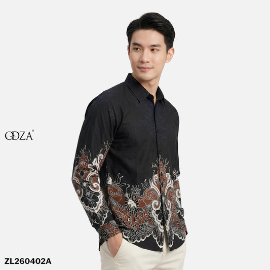 Odza Kemeja Batik Pria Slim Fit Lengan Panjang Katun Premium Baju Kerja Kondangan Maroon Hitam