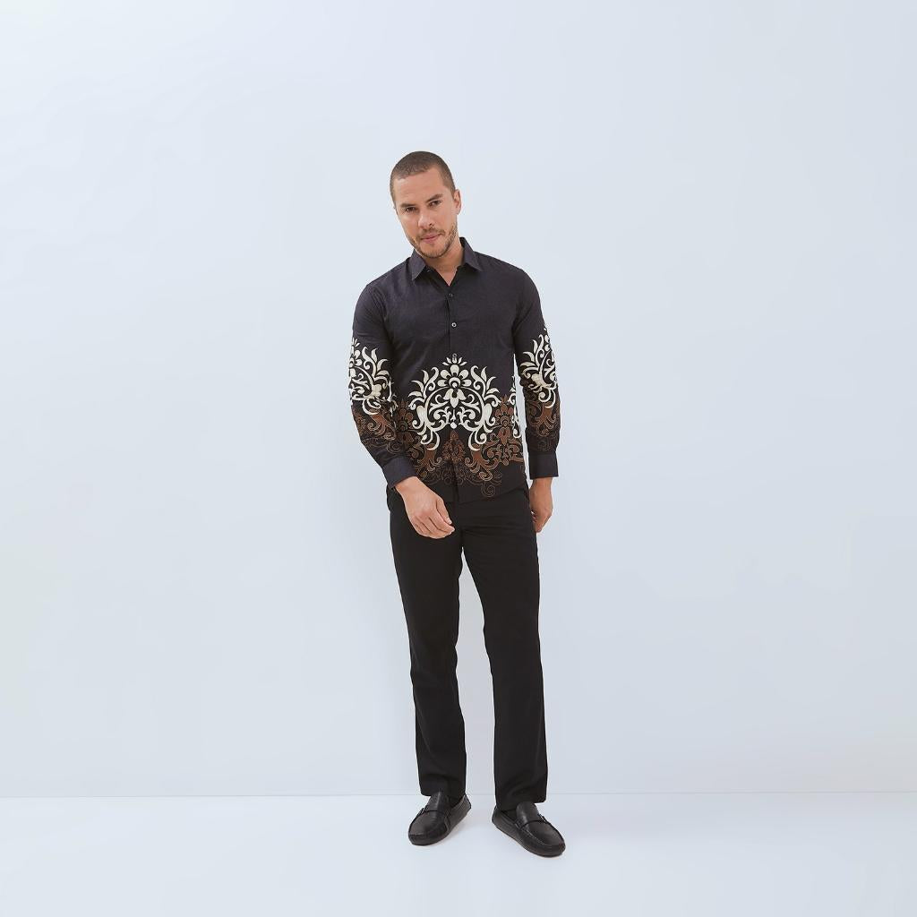 Odza Baju Kemeja Batik Slim Regular Fit Pria Lengan Panjang Modern Hitam Abu tua Waradana