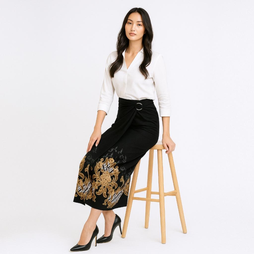 Set Kemeja Lengan Panjang Rok Lilit Couple Batik Kebaya Jumputan Pria Wanita Hitam Katun Slim Fit Hem Motif Hanusa Baju Atasan Kondangan Pasangan Songket Sarimbit Dewasa