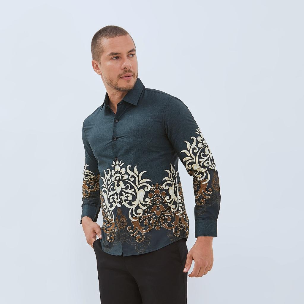 Odza Baju Atasan Batik Solo Slim dan Regular Fit Modern Lengan Panjang Hijau Kurama
