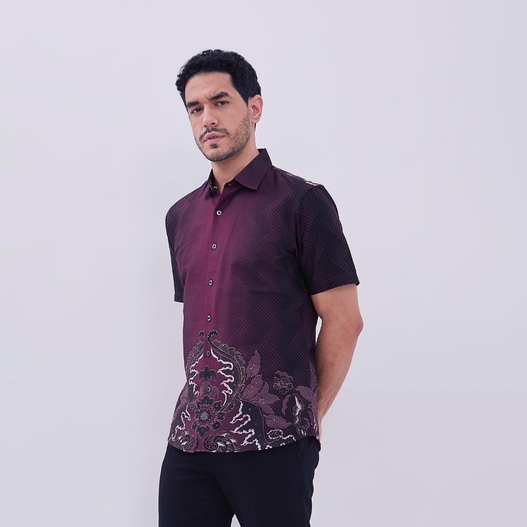 Odza Couple Set Kemeja Batik Lengan Pendek Pria Rompi Wanita Outer Vest Luaran Allsize Merah Maroon