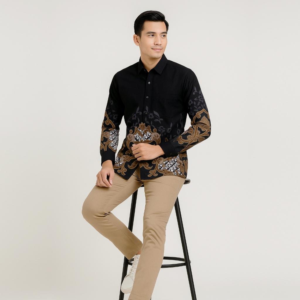 Set Kemeja Lengan Panjang Rok Lilit Couple Batik Kebaya Jumputan Pria Wanita Hitam Katun Slim Fit Hem Motif Hanusa Baju Atasan Kondangan Pasangan Songket Sarimbit Dewasa