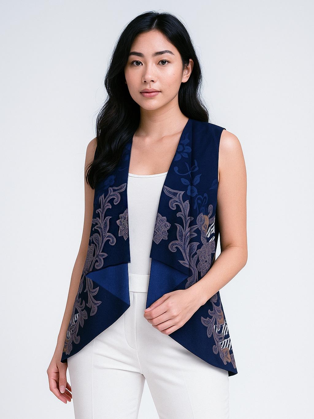 Odza Baju Outer Luaran Atasan Motif Batik Kombinasi Rompi Katun Pesta Wanita Cantik Bolak Balik Panggenan Biru