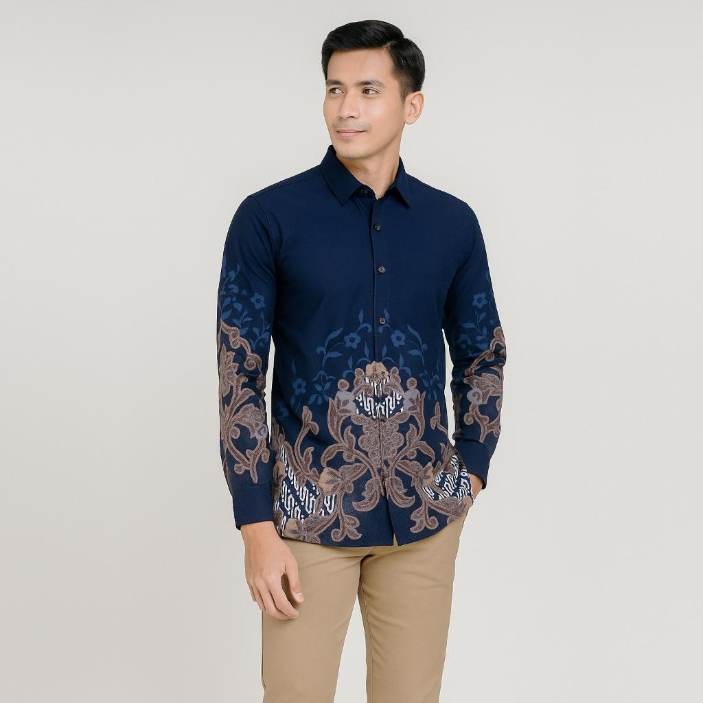 Odza Kemeja Batik Katun Lembut Lengan Panjang Modern Pria Baju Hem Slim Fit Regular Casual Biru Navy Motif Prawara Formal Kantor Kerja Cowok Dewasa