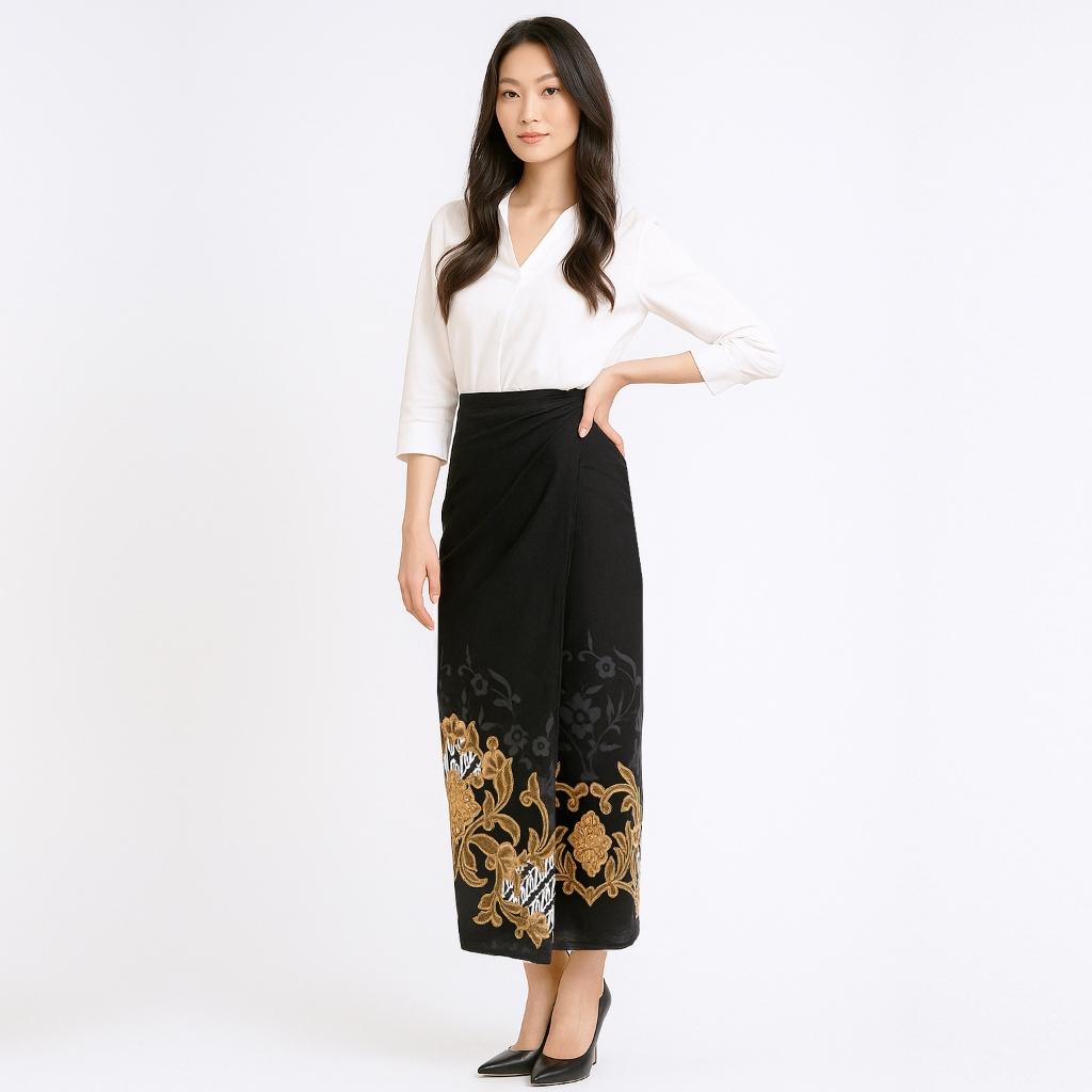 Set Kemeja Lengan Panjang Rok Lilit Couple Batik Kebaya Jumputan Pria Wanita Hitam Katun Slim Fit Hem Motif Hanusa Baju Atasan Kondangan Pasangan Songket Sarimbit Dewasa
