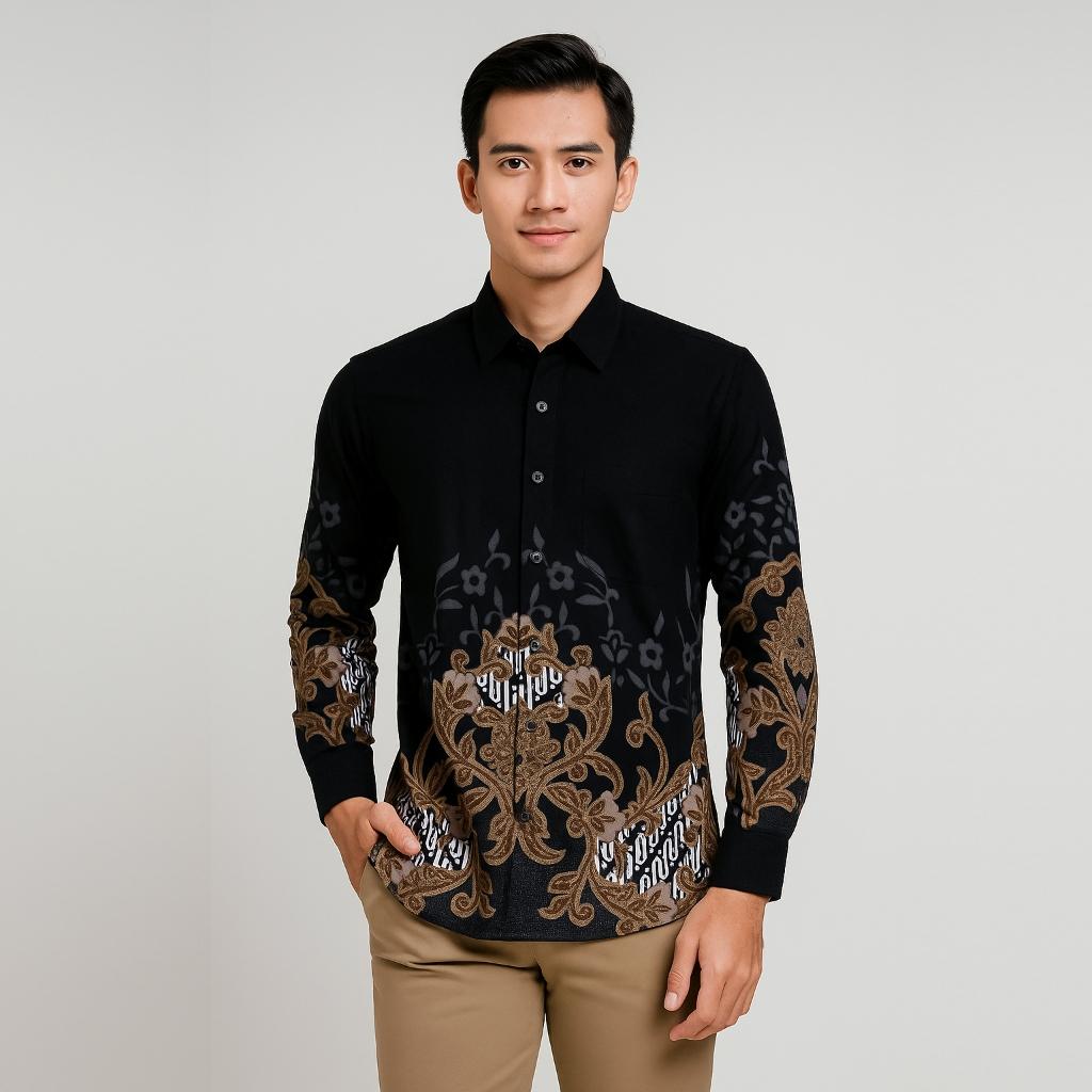 Odza Kemeja Batik Lengan Panjang Pria Slimfit Regular Fit Modern Katun Kombinasi Formal Nyaman Motif Hitam Wistara Baju Hem Songket Casual Kerja Kantor
