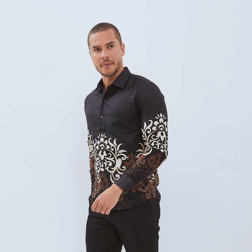 Odza Baju Kemeja Batik Slim Regular Fit Pria Lengan Panjang Modern Hitam Abu tua Waradana