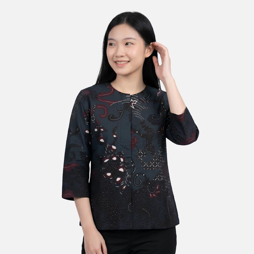 Odza Batik Couple Kemeja Pria Slim Fit Blouse Wanita Lengan Panjang Katun Premium Kondangan Decaddi Hitam