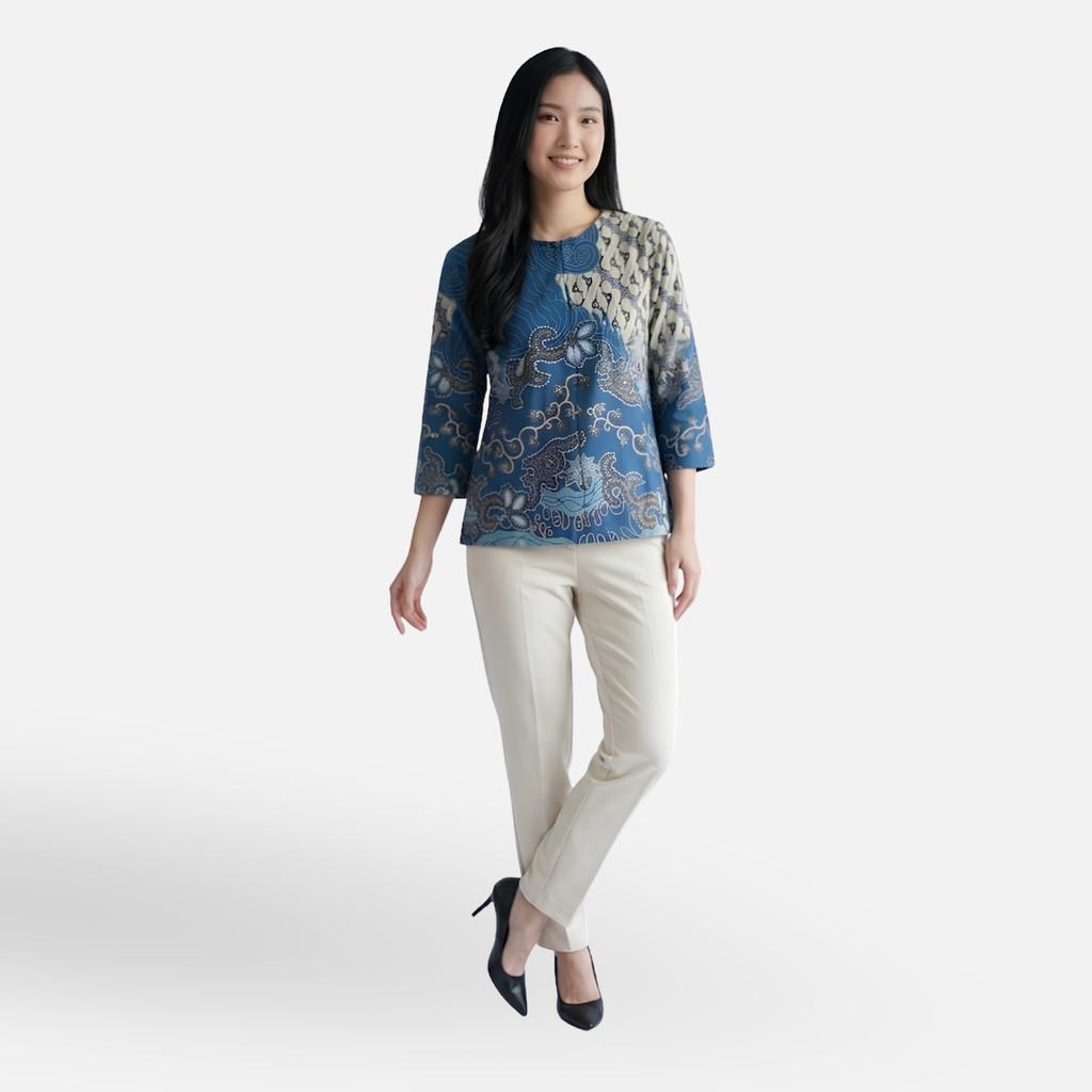 Odza Batik Couple Set Kemeja Pria Blouse Wanita Lengan Panjang 7/8 Cotton Printing Slim Fit Jumbo Javastera Biru