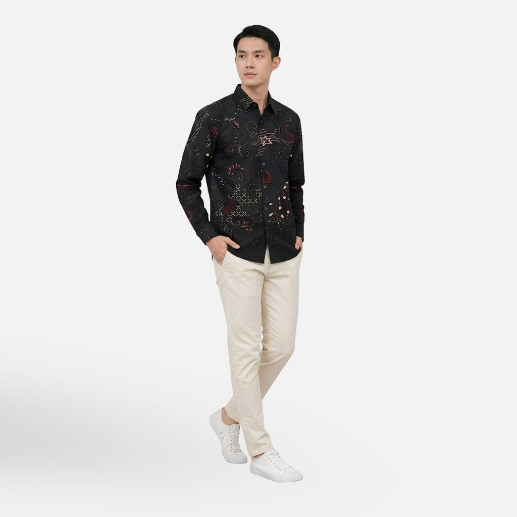 Odza Kemeja Batik Pria Slim Fit Lengan Panjang Katun Premium Baju Kerja Kondangan Decaddi Hitam