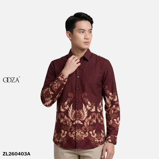 Odza Kemeja Batik Pria Slim Fit Lengan Panjang Katun Premium Baju Kerja Kondangan Kivandra Coklat Maroon