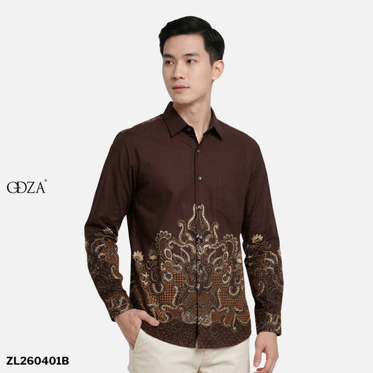 Odza Kemeja Batik Pria Slim Fit Lengan Panjang Katun Premium Baju Kerja Kondangan Askara Biru Tosca Coklat