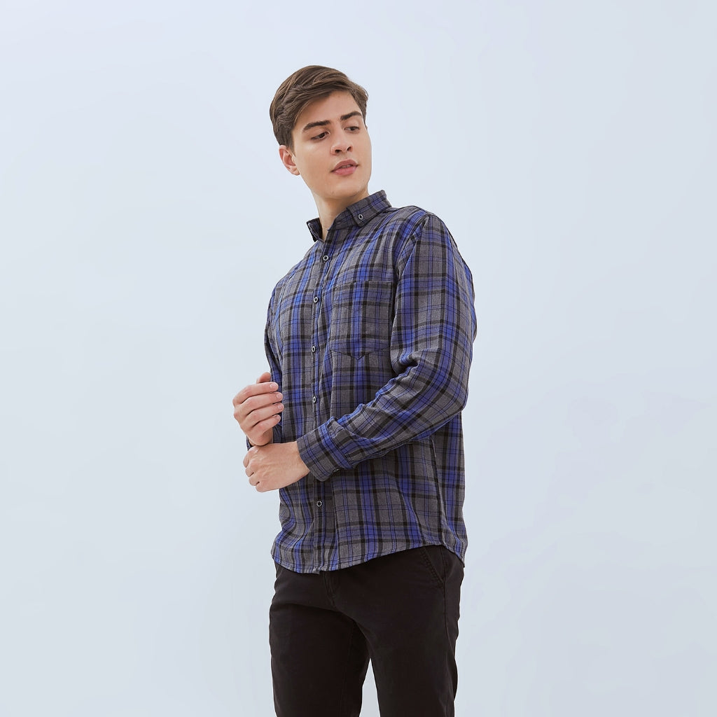 Odza Kemeja Flanel Pria Lengan Panjang Slim Fit Motif Kotak Abu-Biru