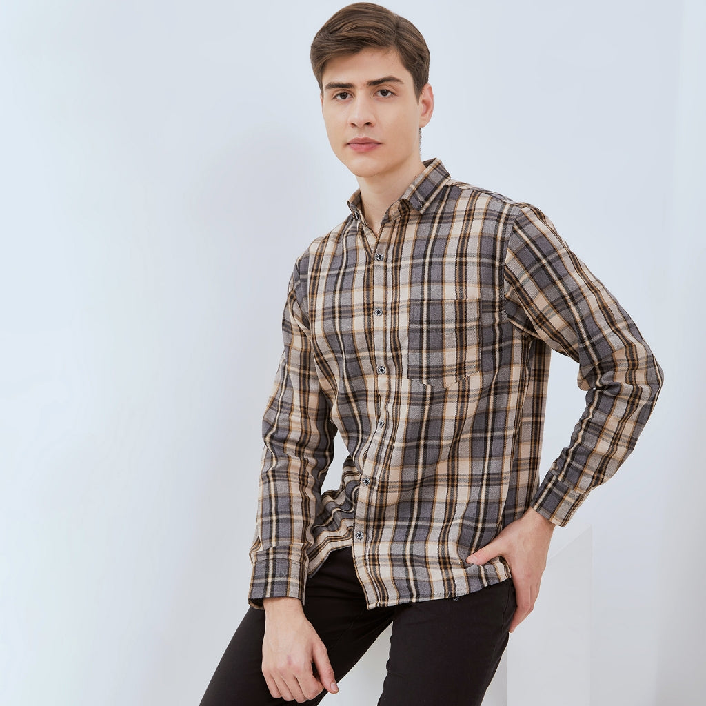 Odza Kemeja Flanel Pria Lengan Panjang Slim Fit Motif Kotak Abu-Kuning