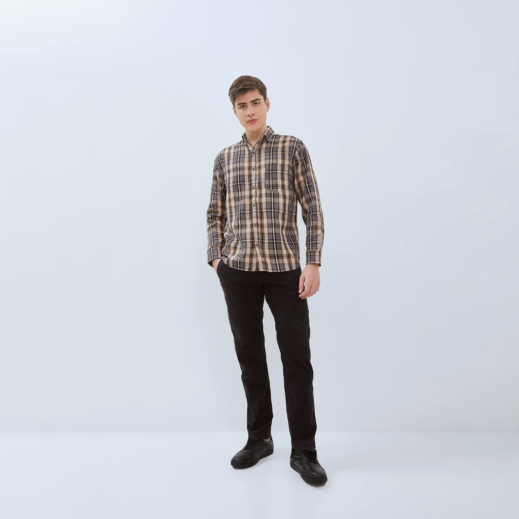 Odza Kemeja Flanel Pria Lengan Panjang Slim Fit Motif Kotak Abu-Kuning