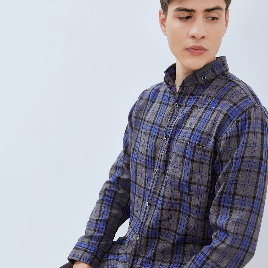 Odza Kemeja Flanel Pria Lengan Panjang Slim Fit Motif Kotak Abu-Biru