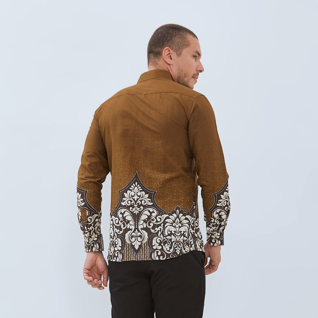 Odza Kemeja Batik Pria Lengan Panjang Modern Jumbo Regular Fit Coklat Parabawa