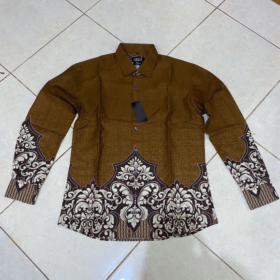 Odza Kemeja Batik Pria Lengan Panjang Modern Jumbo Regular Fit Coklat Parabawa