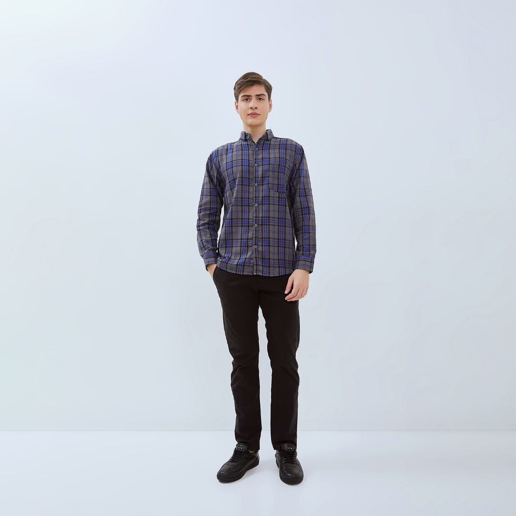 Odza Kemeja Flanel Pria Lengan Panjang Slim Fit Motif Kotak Abu-Biru