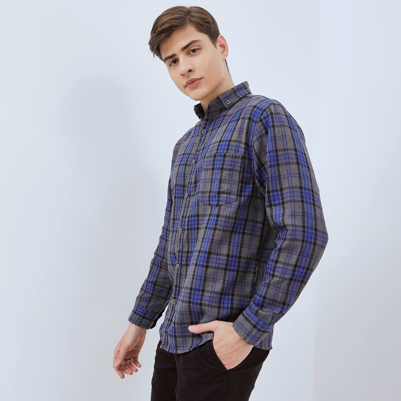 Odza Kemeja Flanel Pria Lengan Panjang Slim Fit Motif Kotak Abu-Biru