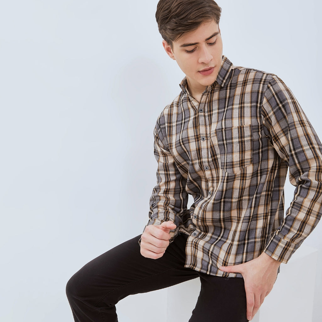 Odza Kemeja Flanel Pria Lengan Panjang Slim Fit Motif Kotak Abu-Kuning