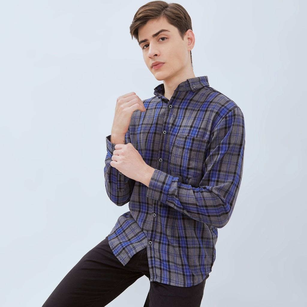 Odza Kemeja Flanel Pria Lengan Panjang Slim Fit Motif Kotak Abu-Biru