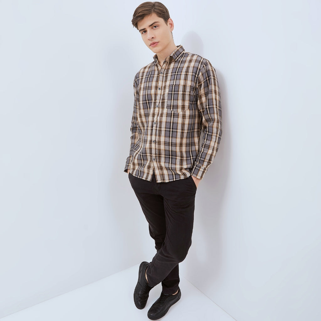 Odza Kemeja Flanel Pria Lengan Panjang Slim Fit Motif Kotak Abu-Kuning