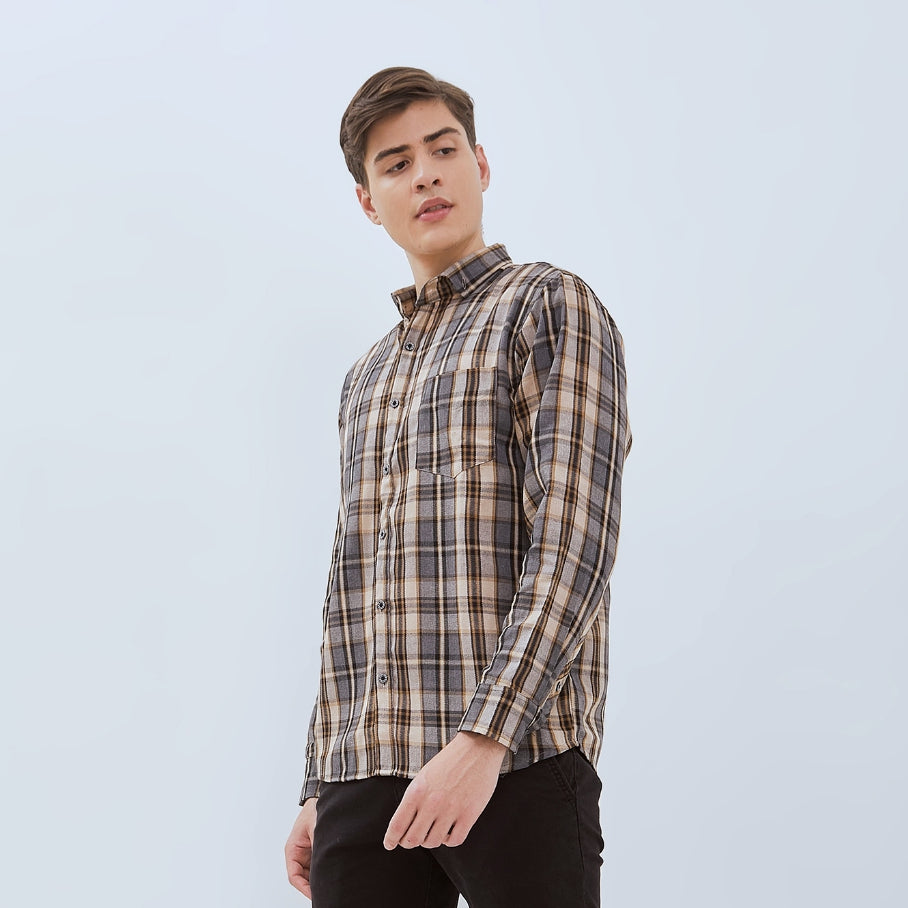 Odza Kemeja Flanel Pria Lengan Panjang Slim Fit Motif Kotak Abu-Kuning