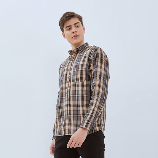 Odza Kemeja Flanel Pria Lengan Panjang Slim Fit Motif Kotak Abu-Kuning