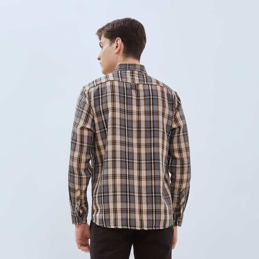 Odza Kemeja Flanel Pria Lengan Panjang Slim Fit Motif Kotak Abu-Kuning