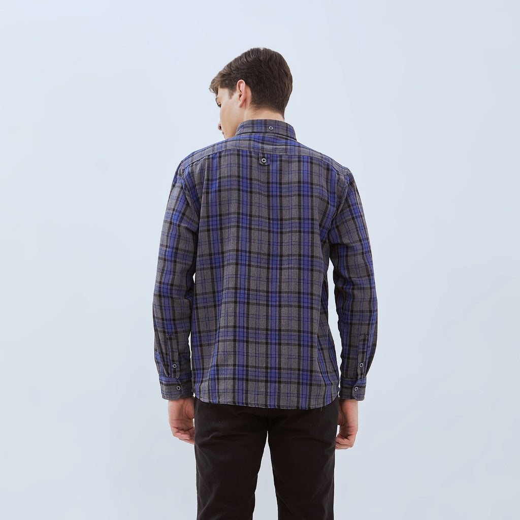 Odza Kemeja Flanel Pria Lengan Panjang Slim Fit Motif Kotak Abu-Biru