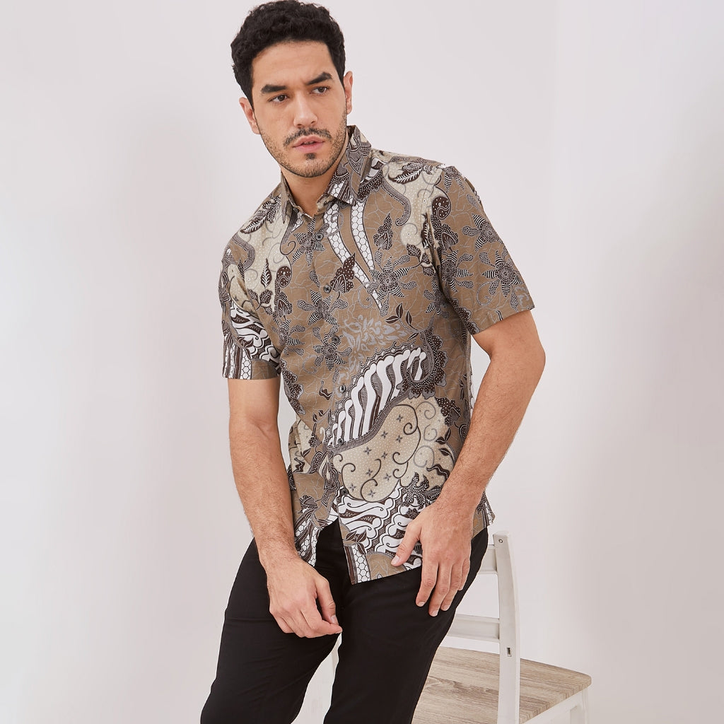 Odza Batik Baju Kemeja Batik Lengan Pendek Slim fit Pria Hem Solo Hijau Tosca Cokelat Urdha
