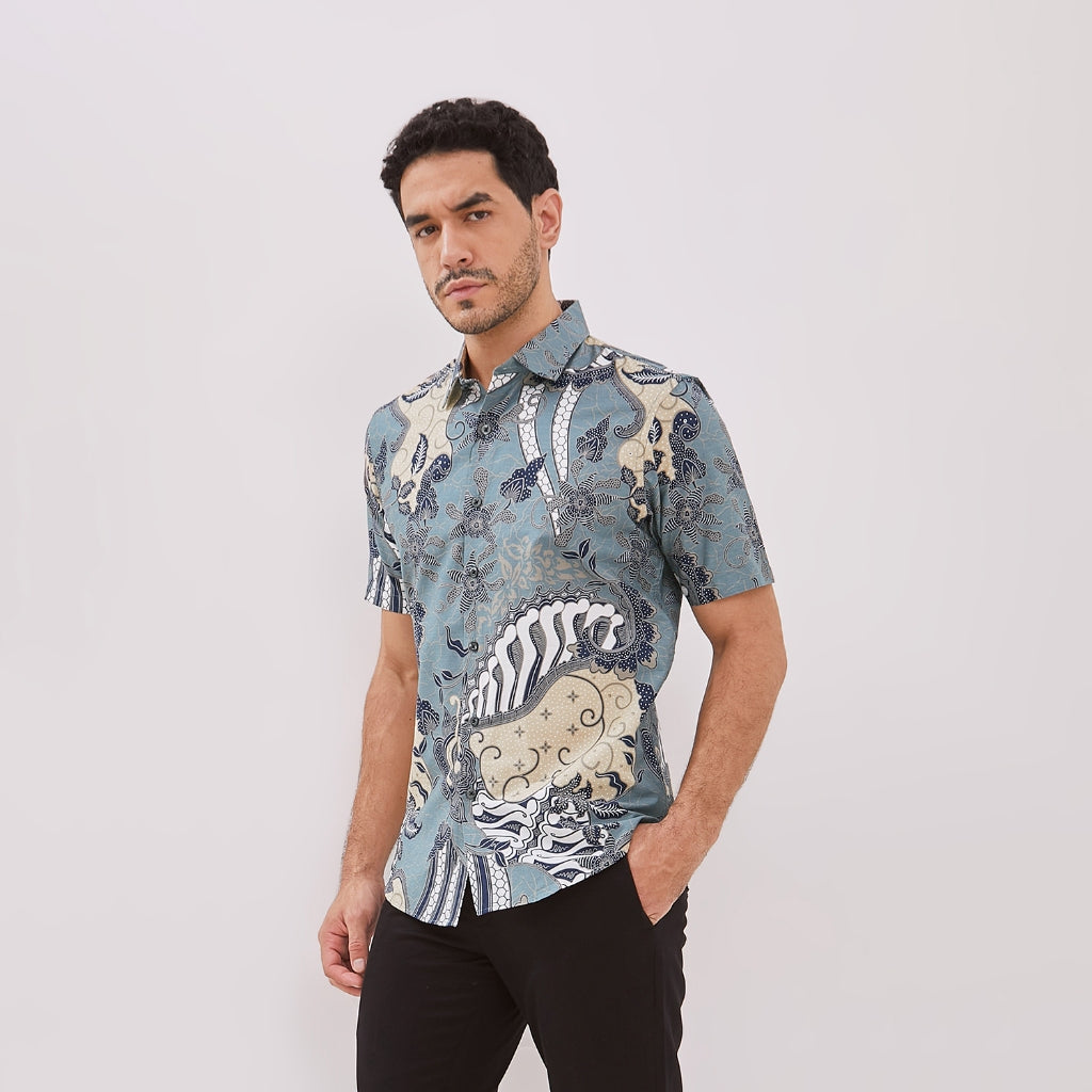 Odza Batik Baju Kemeja Batik Lengan Pendek Slim fit Pria Hem Solo Hijau Tosca Cokelat Urdha