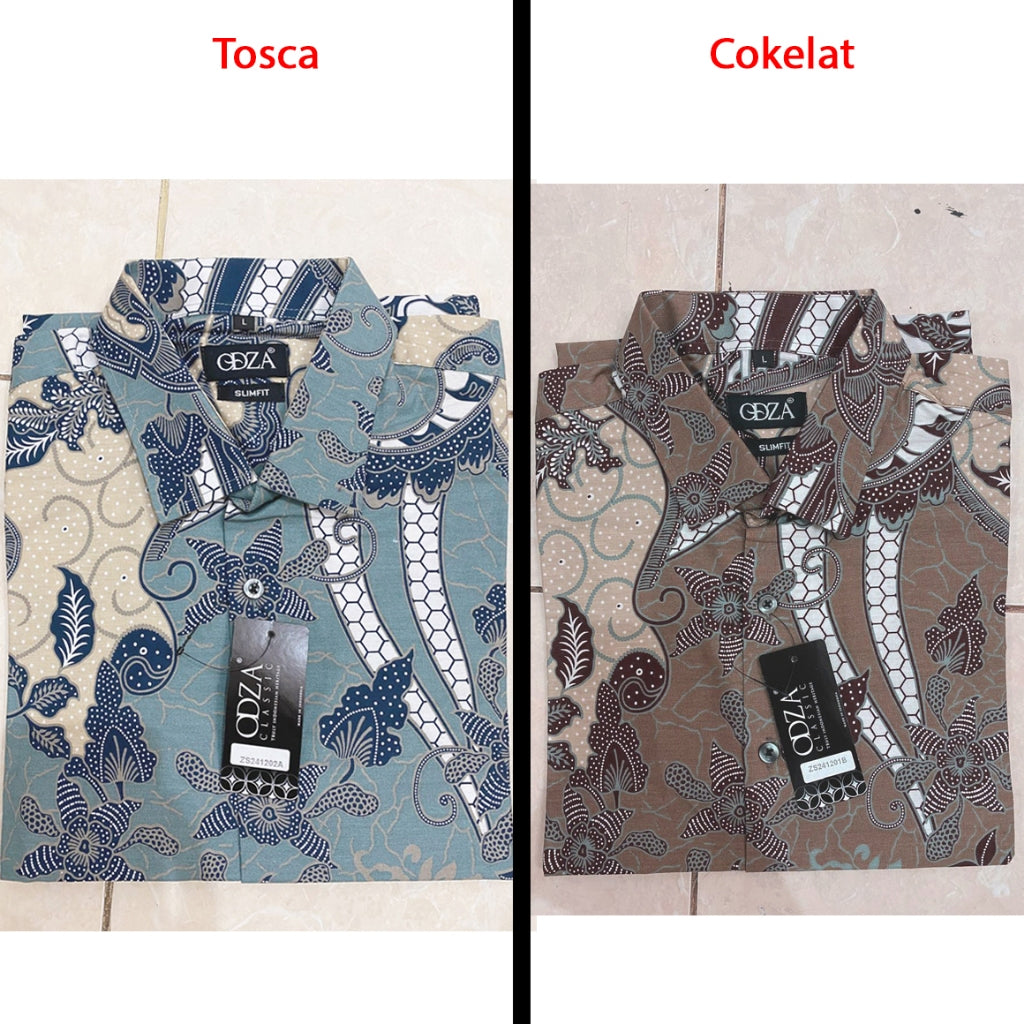 Odza Batik Baju Kemeja Batik Lengan Pendek Slim fit Pria Hem Solo Hijau Tosca Cokelat Urdha