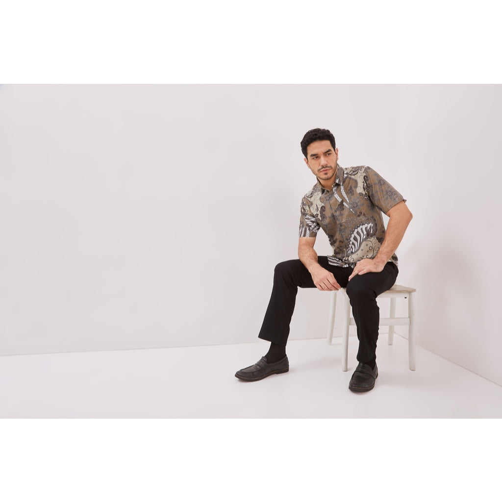 Odza Batik Baju Kemeja Batik Lengan Pendek Slim fit Pria Hem Solo Hijau Tosca Cokelat Urdha